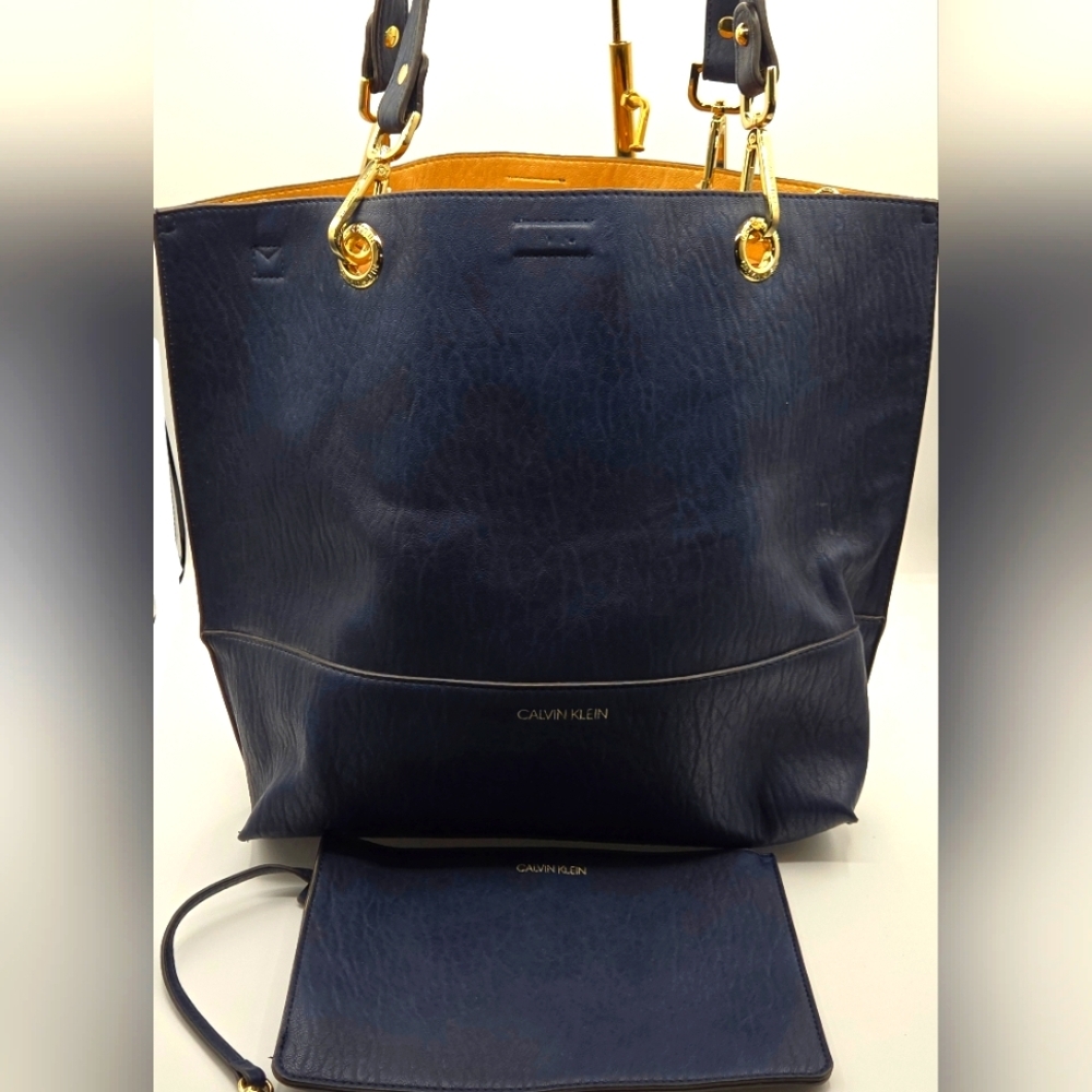 CALVIN KLEIN Tote w/ Wristlet Navy Gold Detachable Crossbody Strap Dust Bag